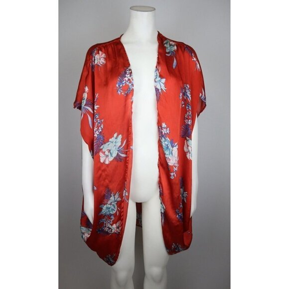 TIME AND TRU - WOMEN'S ORANGE FLORAL PRINT SILKY TEXTURED TOP - - Picture 1 of 8